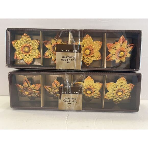 NIB Set of 8 (2 boxes) GLISTEN Floral Metal Napkin Rings Glistening Fall Winter - Picture 1 of 5